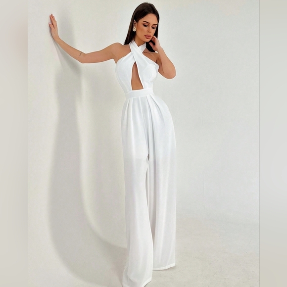 Pants - White Halter Neck Tie Waist Pleated Backless Plain Street